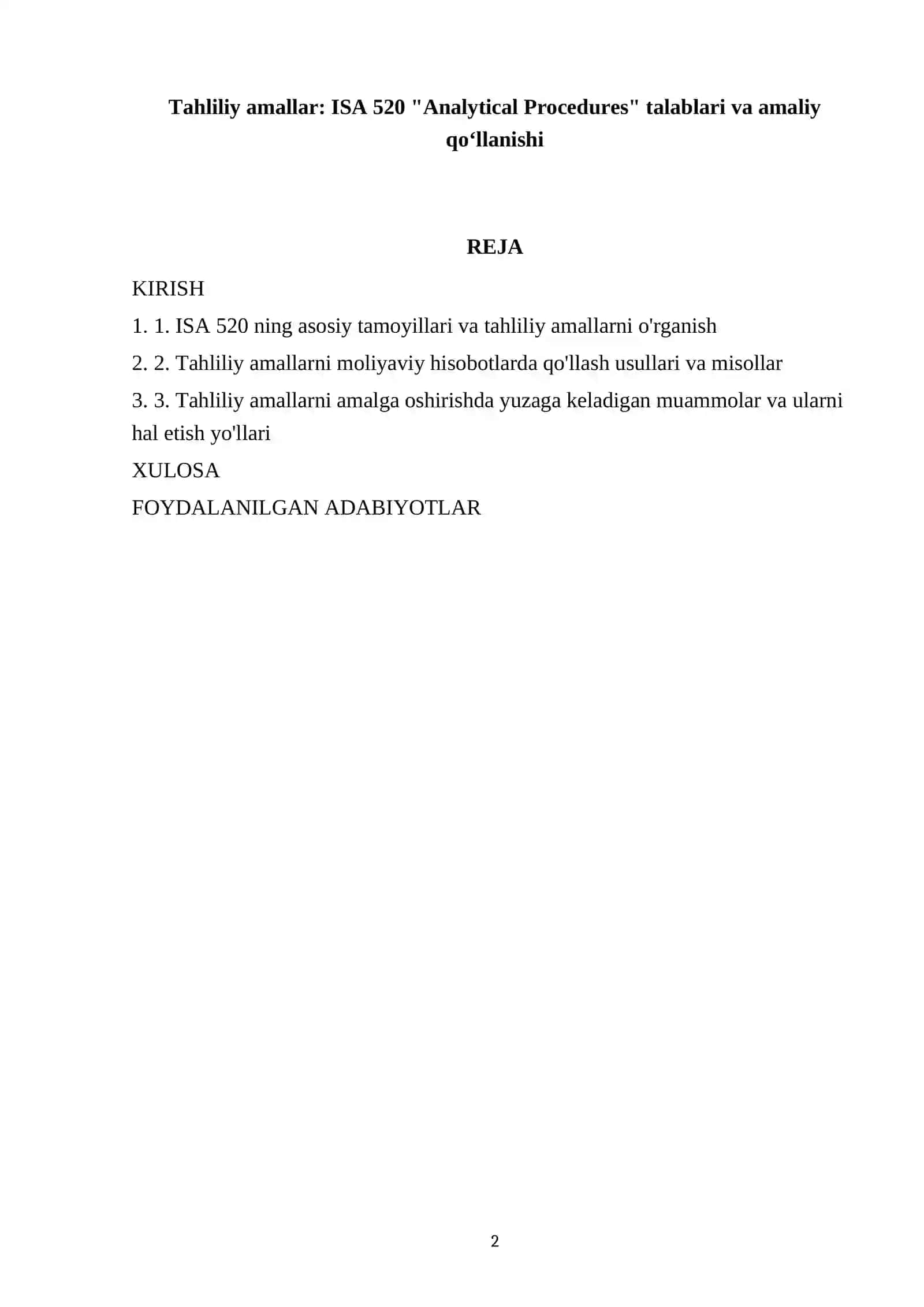 Tahliliy amallar: ISA 520 "Analytical Procedures" talablari va amaliy qoʻllanishi 2