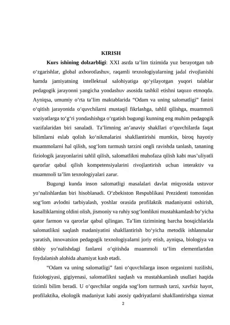 Odam va uning salomatligi darslarida muammoli ta’lim texnologiyasidan foydalanib loyihalashtirish 2