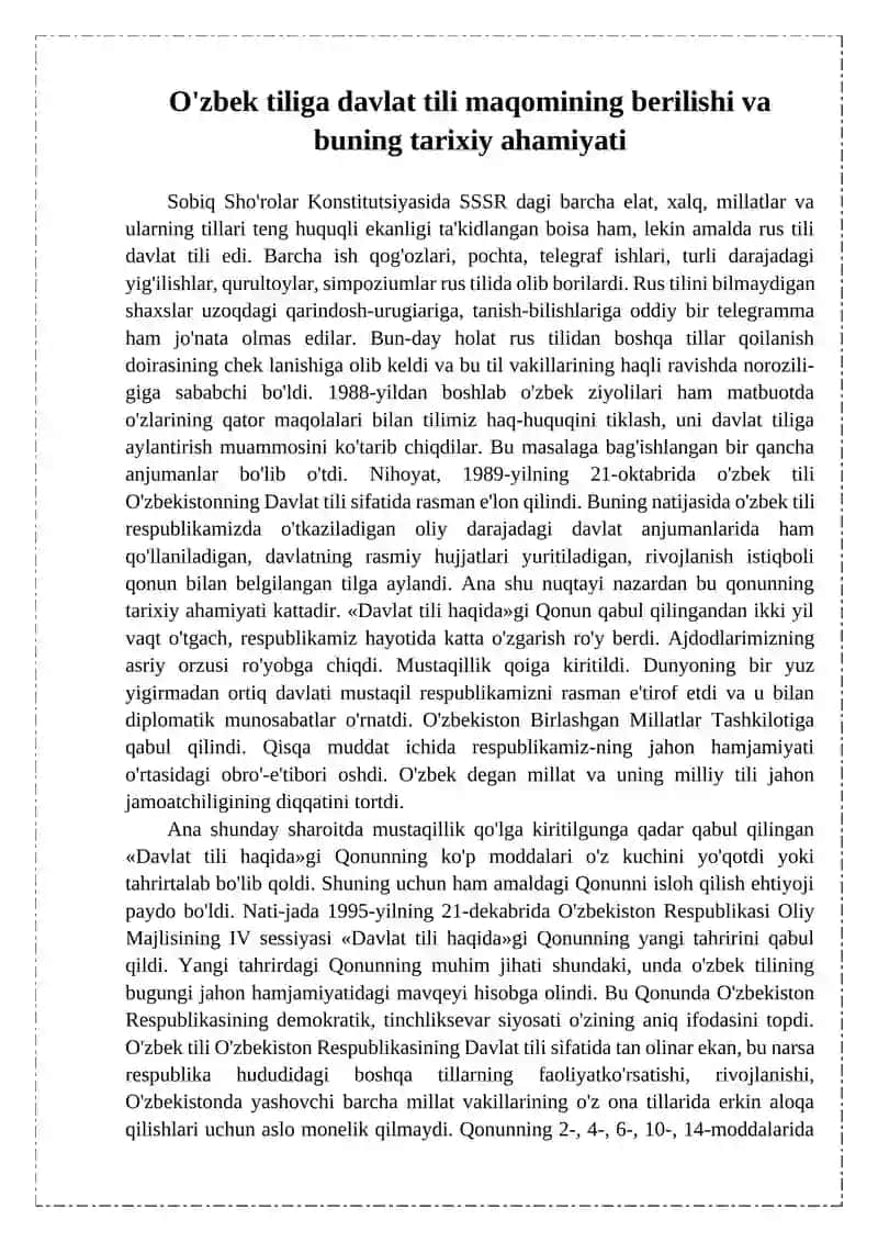 O'zbek tiliga davlat tili maqomining berilishi va buning tarixiy ahamiyati 2