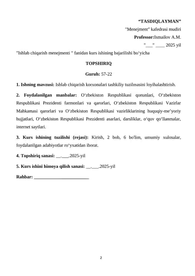 Ishlab chiqarish menejmenti kurs ishi 2