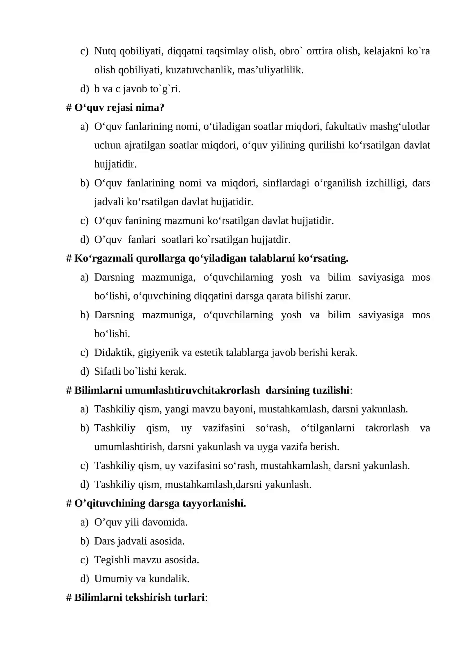 Umumiy pedagogika YAKUNIY NAZORAT SAVOLARI 200 ta 2