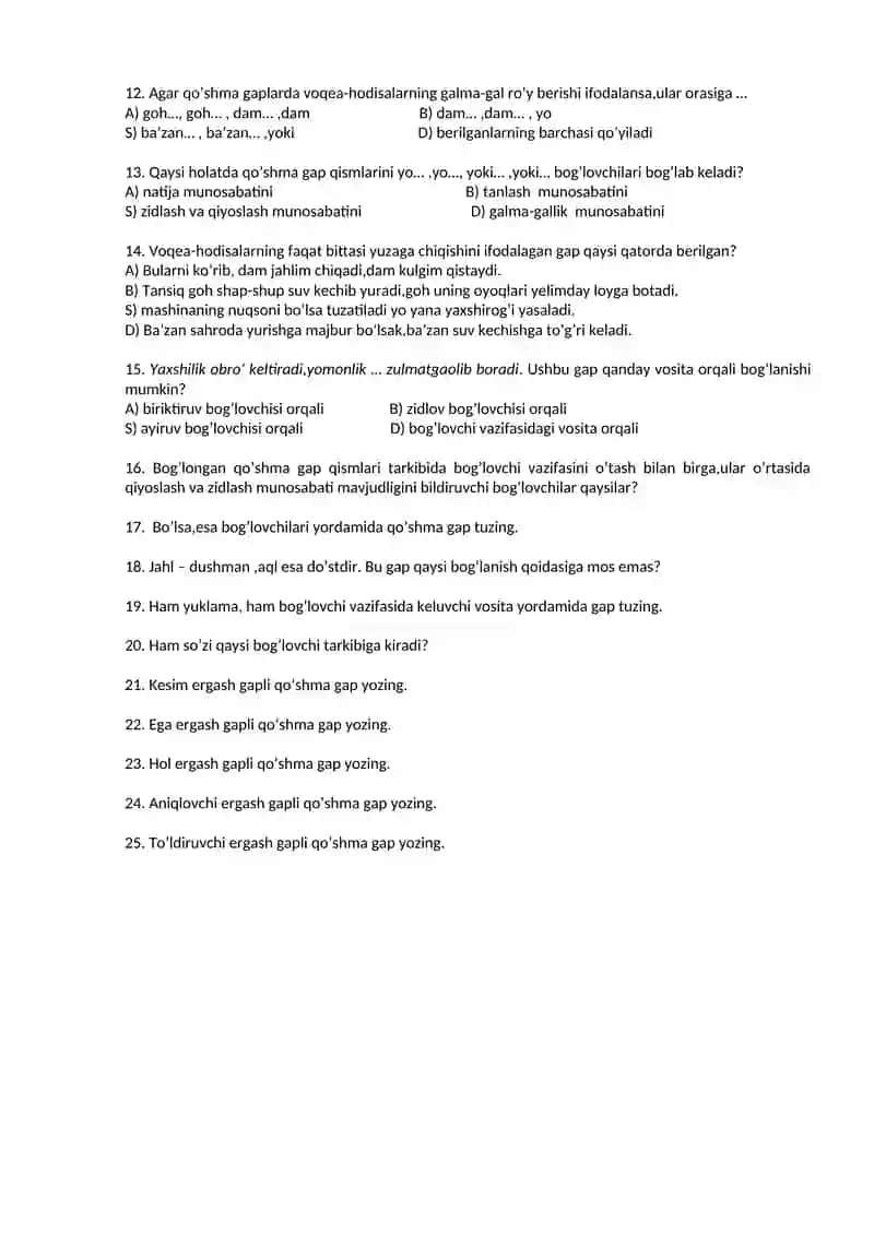 9-sinf uchun ona tili fanidan test savollari(III chorak) 2