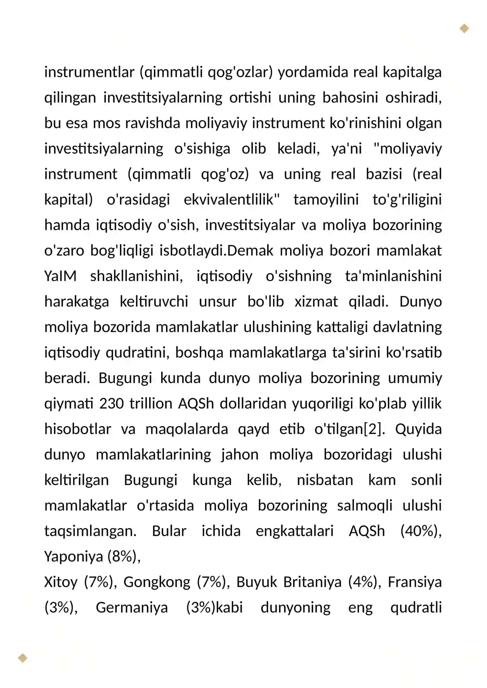 Jahon moliya bozorlari. Esse 2