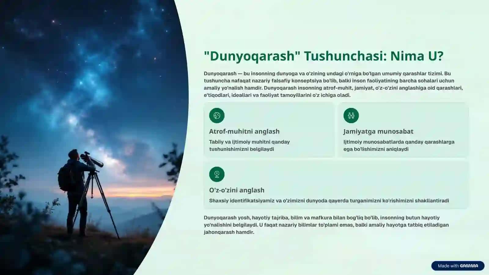 Dunyoqarashning mohiyati, tuzilishi va asosiy funksiyalari mavzusida tayyor mustaqil ta'lim ishi 2