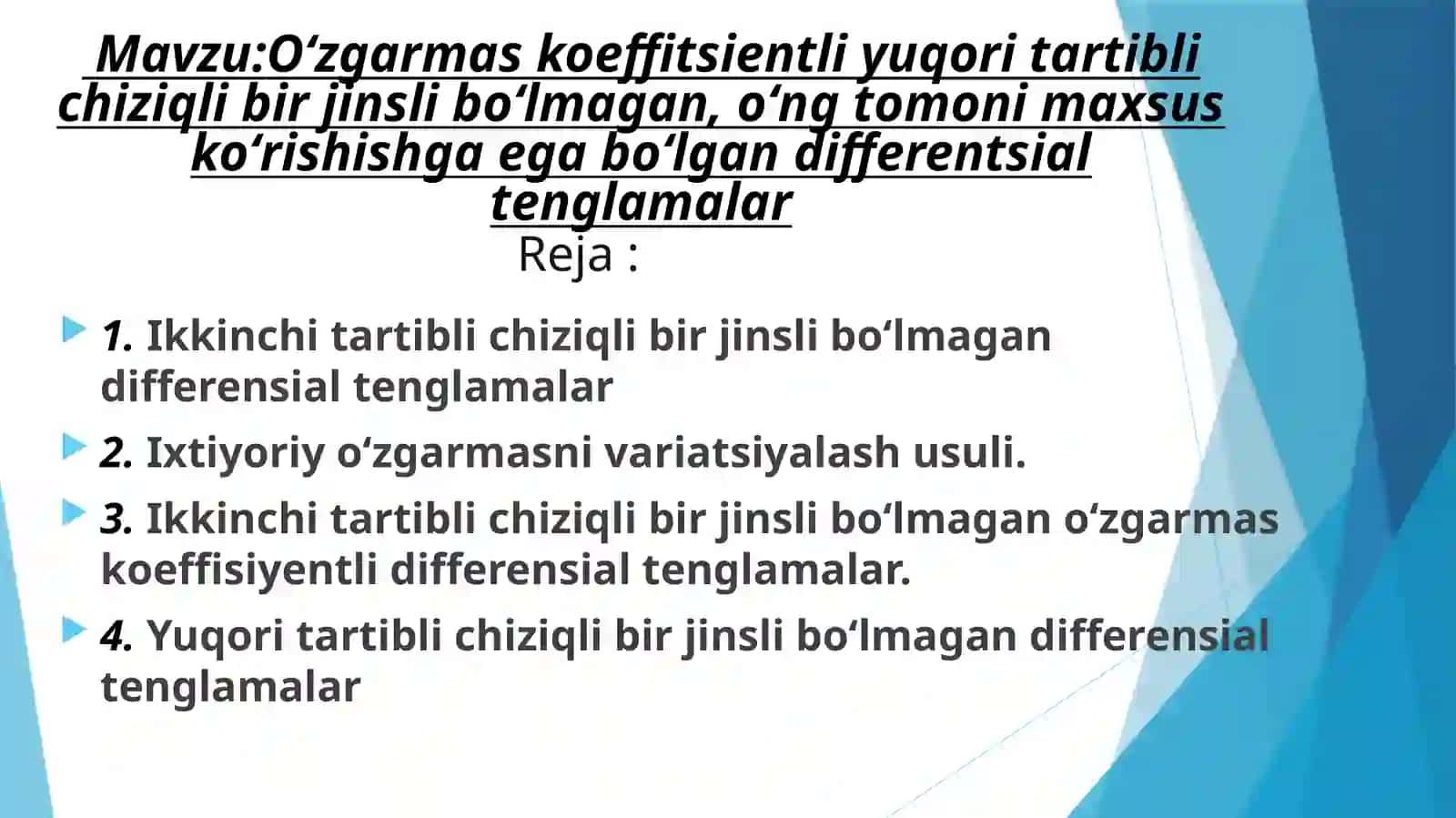 Oʻzgarmas koeffitsientli yuqori tartibli chiziqli bir jinsli boʻlmagan, oʻng tomoni maxsus koʻrishishga ega boʻlgan differentsial tenglamalar 2