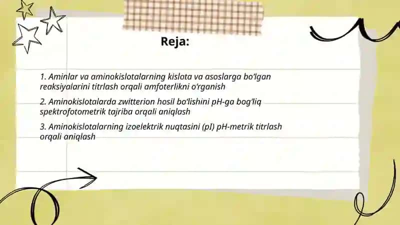 Mminlar va aminokislotalarning amfoterlik xossalariga doir tajribalar 2