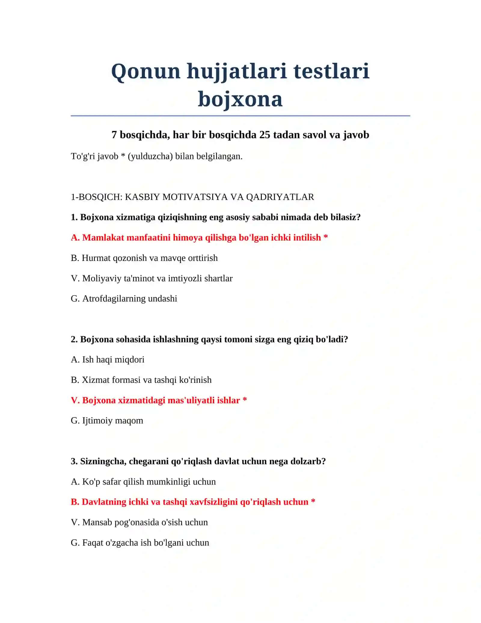 Qonun hujjatlari testlari bojxona 2