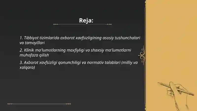 Tibbiyot tizimlarining axborat xavfsizligini taminlash asoslari 2