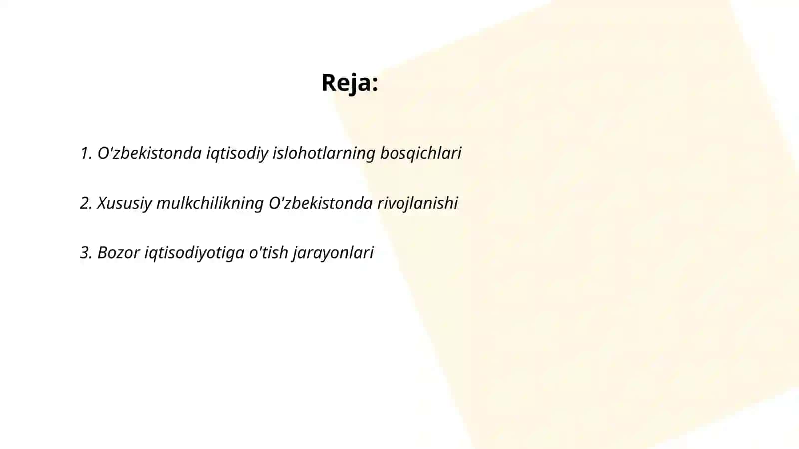 Iqtisodiy islohotlar, xususiy mulkchilikning shakllanishi. Oʻzbekistonda bozor munosabatlarining rivojlanishi 2