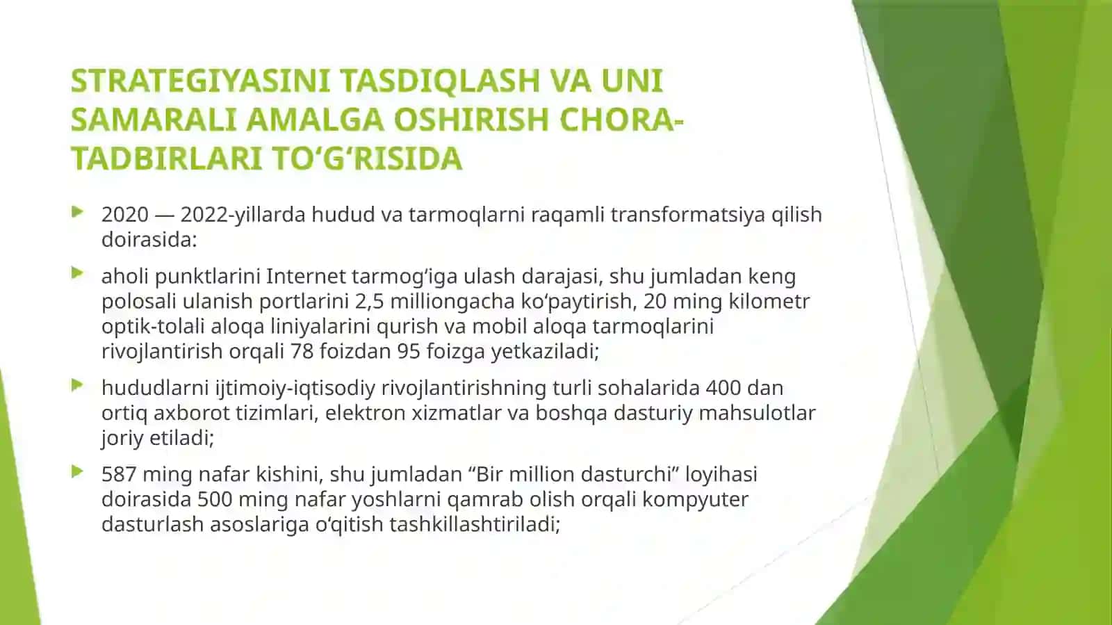 “RAQAMLI O‘ZBEKISTON — 2030” STRATEGIYASINI TASDIQLASH VA UNI SAMARALI AMALGA OSHIRISH CHORA-TADBIRLARI TO‘G‘RISIDA 2