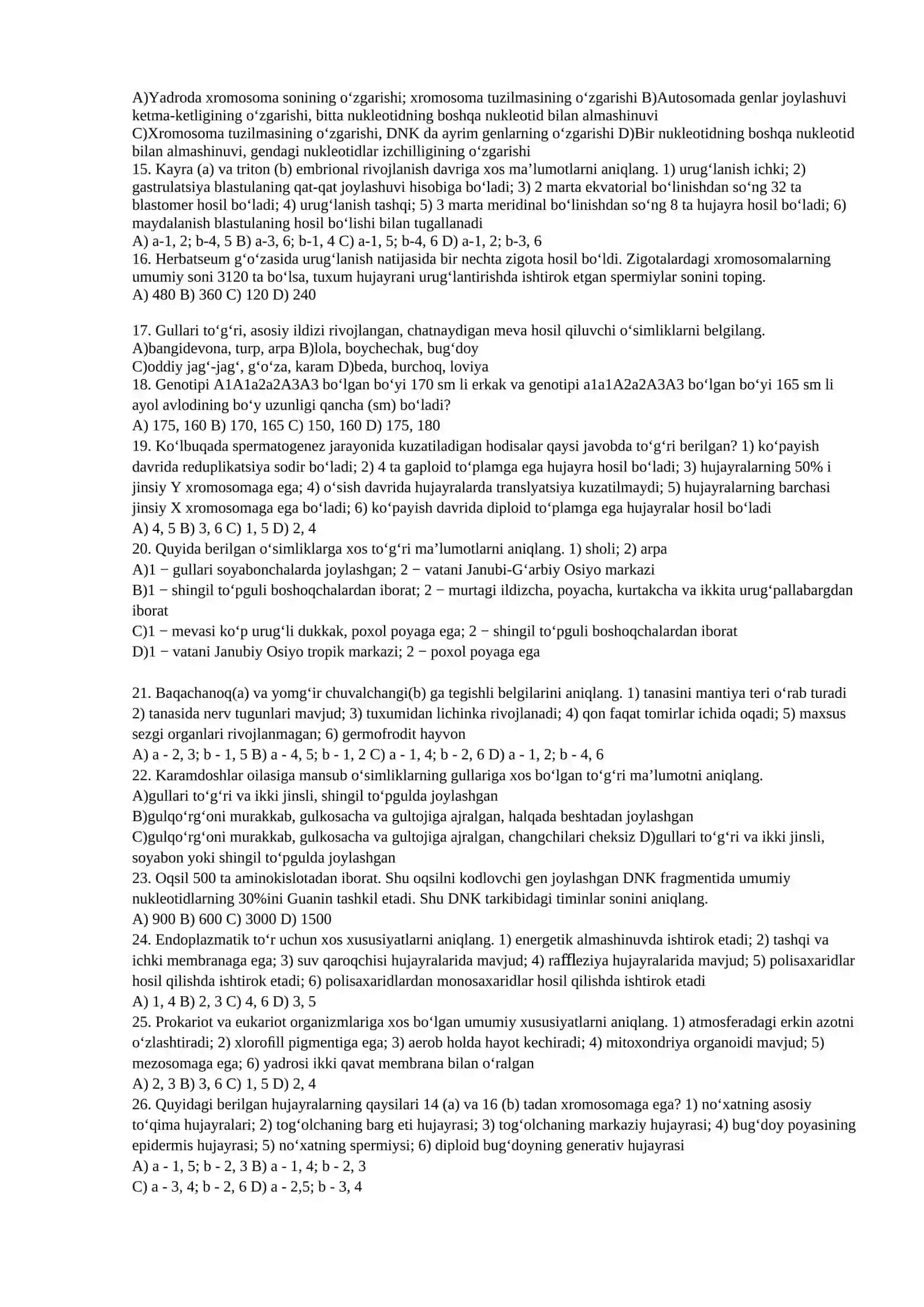 10 sinf Biologiya Olimpiada test savollari 2