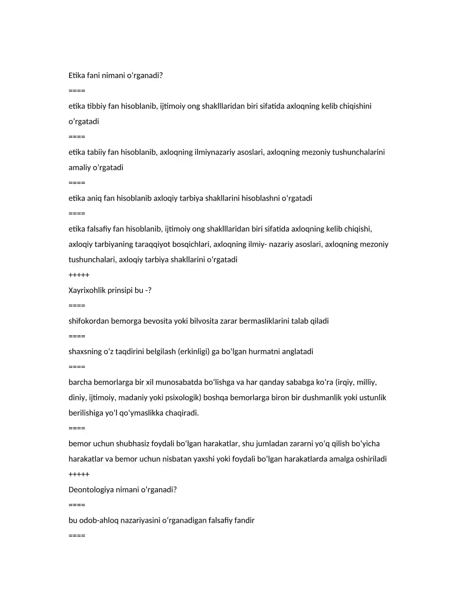 BIOETIKA TEST SAVOLLARI (O'ZBEKCHA) 2