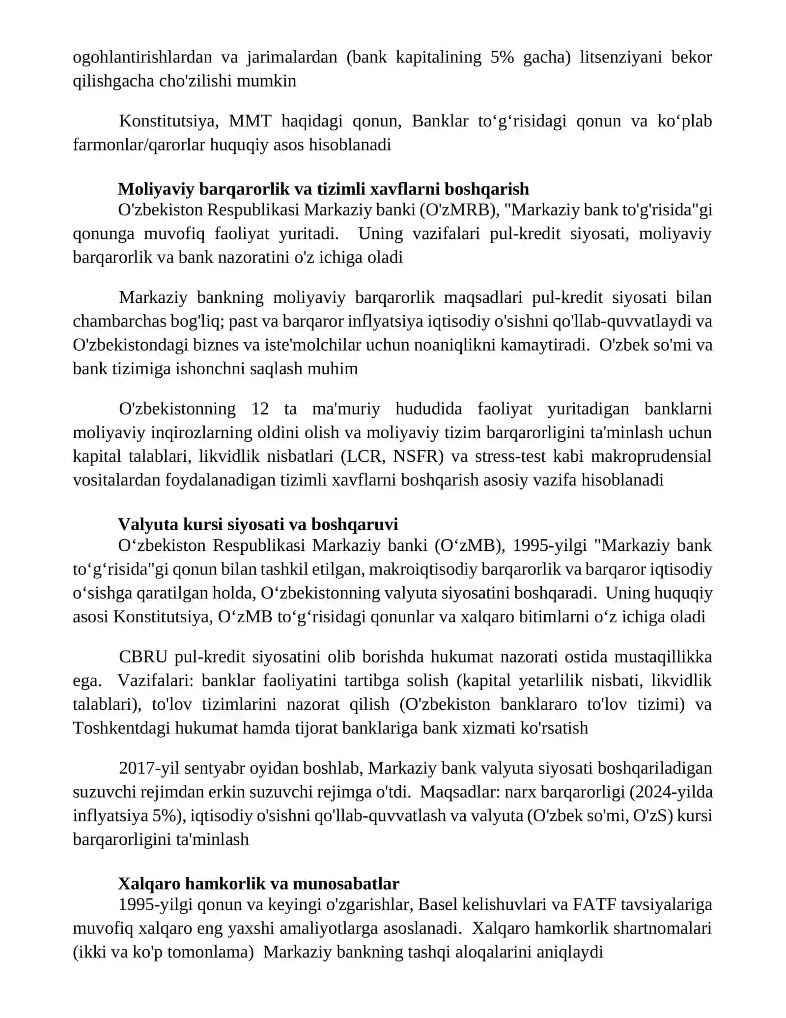 O'zbekiston Respublikasi Markaziy bankining huquqiy asoslari, maqsadi, vazifalari 2