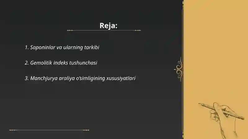 Saponinlarni gemolitik indeksni aniqlash. Manchjurya araliya o’simligi 2