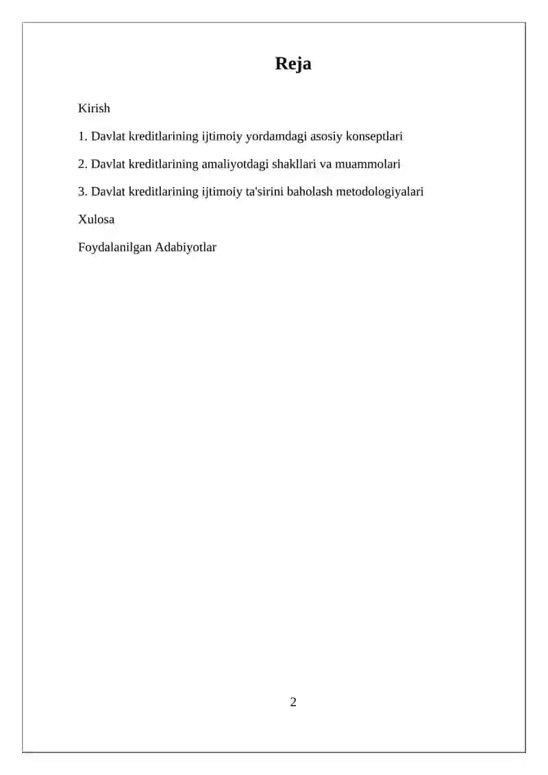 Davlat kreditlarining ijtimoiy yordamdagi asosiy konseptlari 2