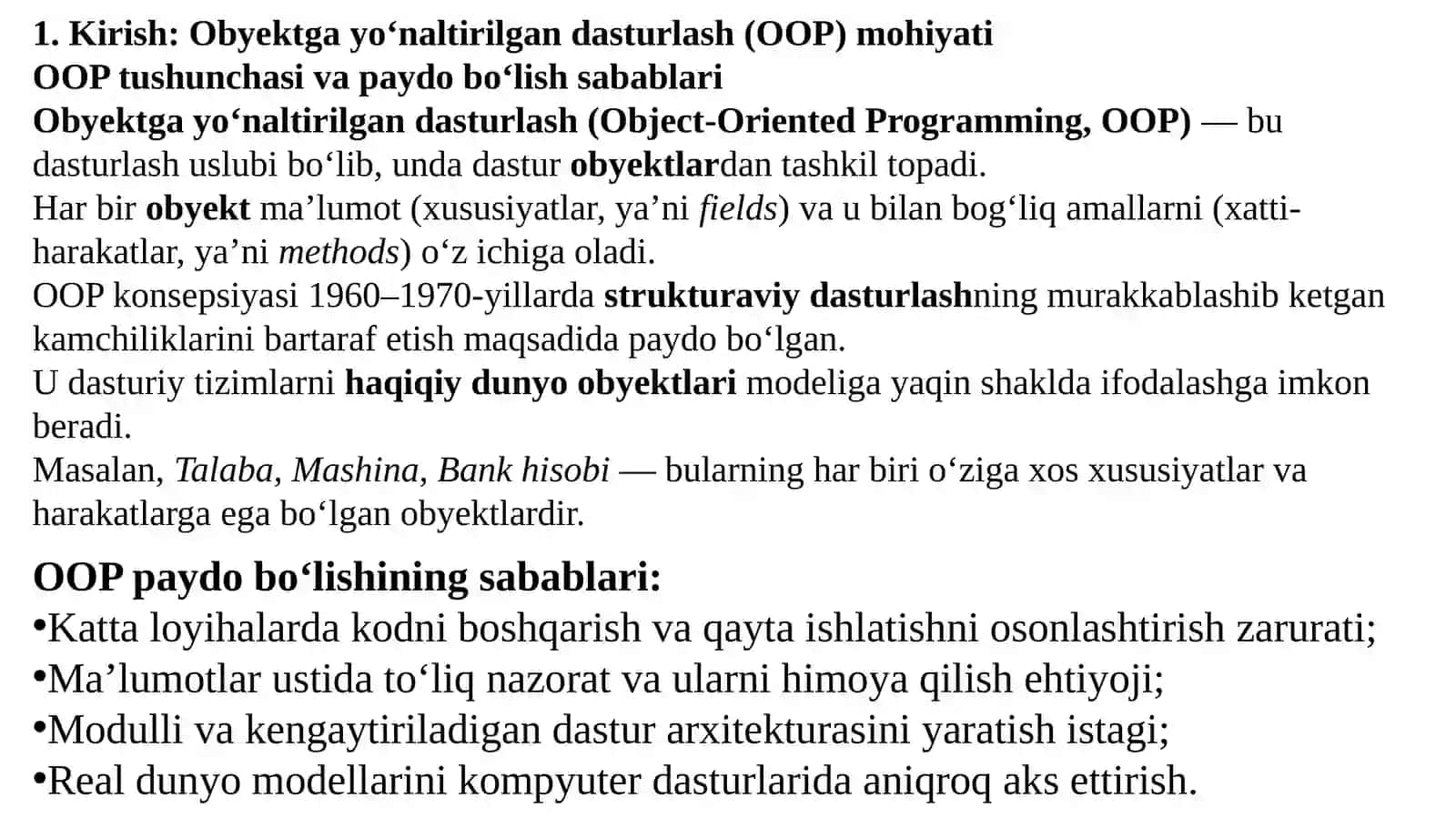 Java: Obyektga yo‘naltirilgan dasturlash asoslari: Vorislik, Polimorfizm, Inkapsulyatsiya 2
