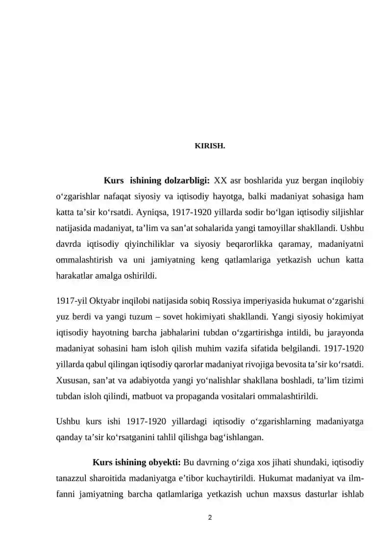 Iqtisodiy 1917-1920 yillarda madaniyatdagi o’zgarishlar 2
