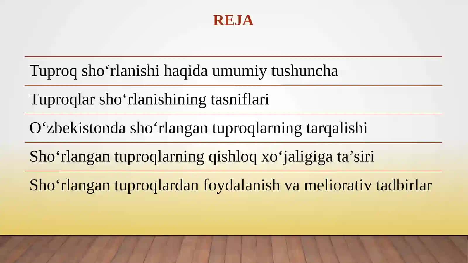 Tuproqlar sho‘rlanishi tasniflari. O‘zbekistonning sho‘rlangan tuproqlari va ulardan foydalanish masalalari 2