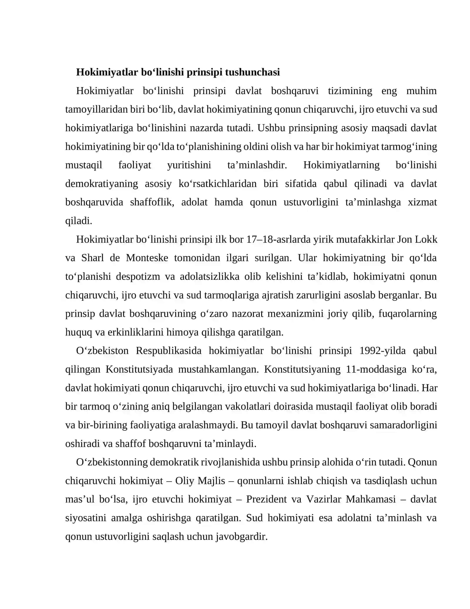 O‘zbekiston Respublikasida hokimiyatlar bo‘linishi prinsipi va uning ahamiyati 2