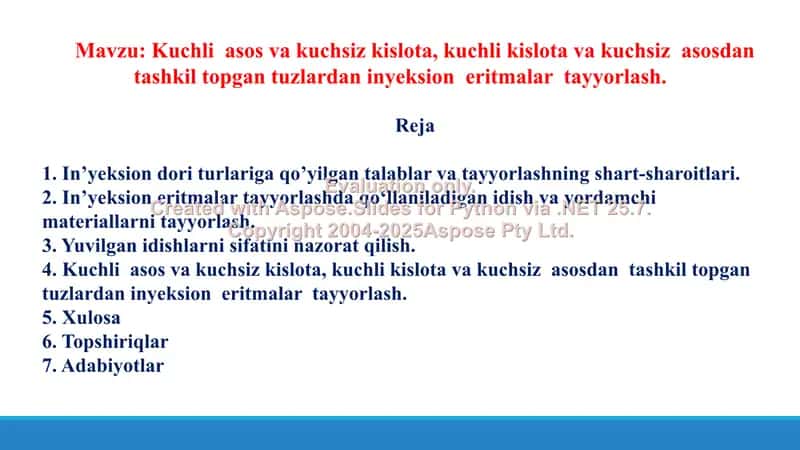 Kuchli  asos va kuchsiz kislota, kuchli kislota va kuchsiz  asosdan  tashkil topgan tuzlardan inyeksion  eritmalar  tayyorlash. Taqdimot 32 bet. 2