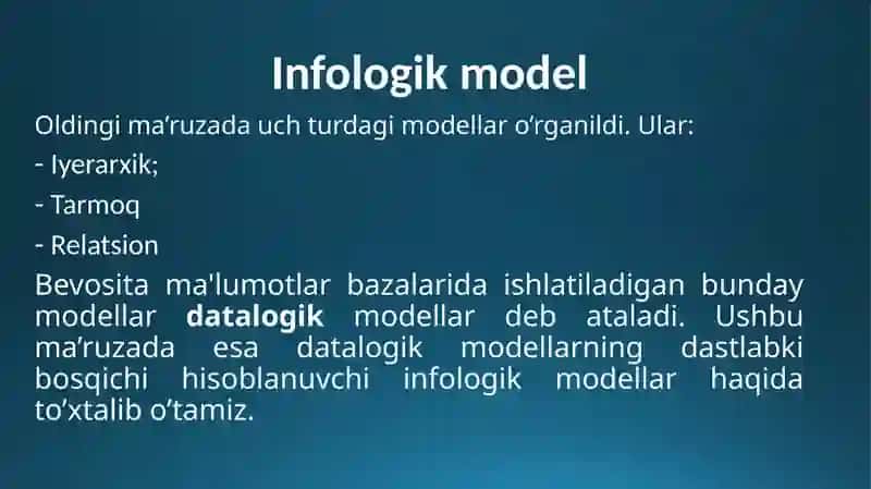3-MA’RUZA. MA’LUMOTLAR BAZASIMODELLARI. MOHIYAT-ALOQA(ER-MODELI) 2