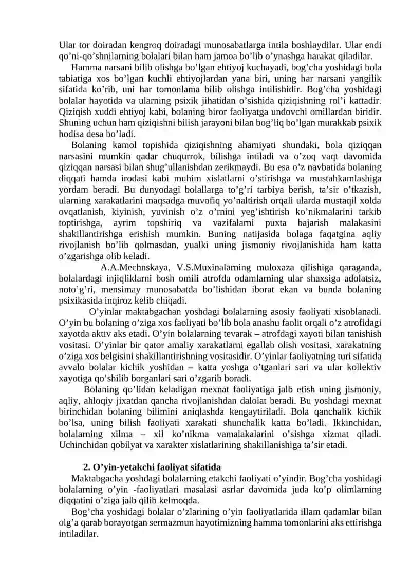 MAVZU. MAKTABGACHA YOSHDAGI BOLALAR PSIXOLOGIYASI. MAKTABGA TAYYORGARLIK MUAMMOSI. KICHIK MAKTAB YOSHI DAVRI 2