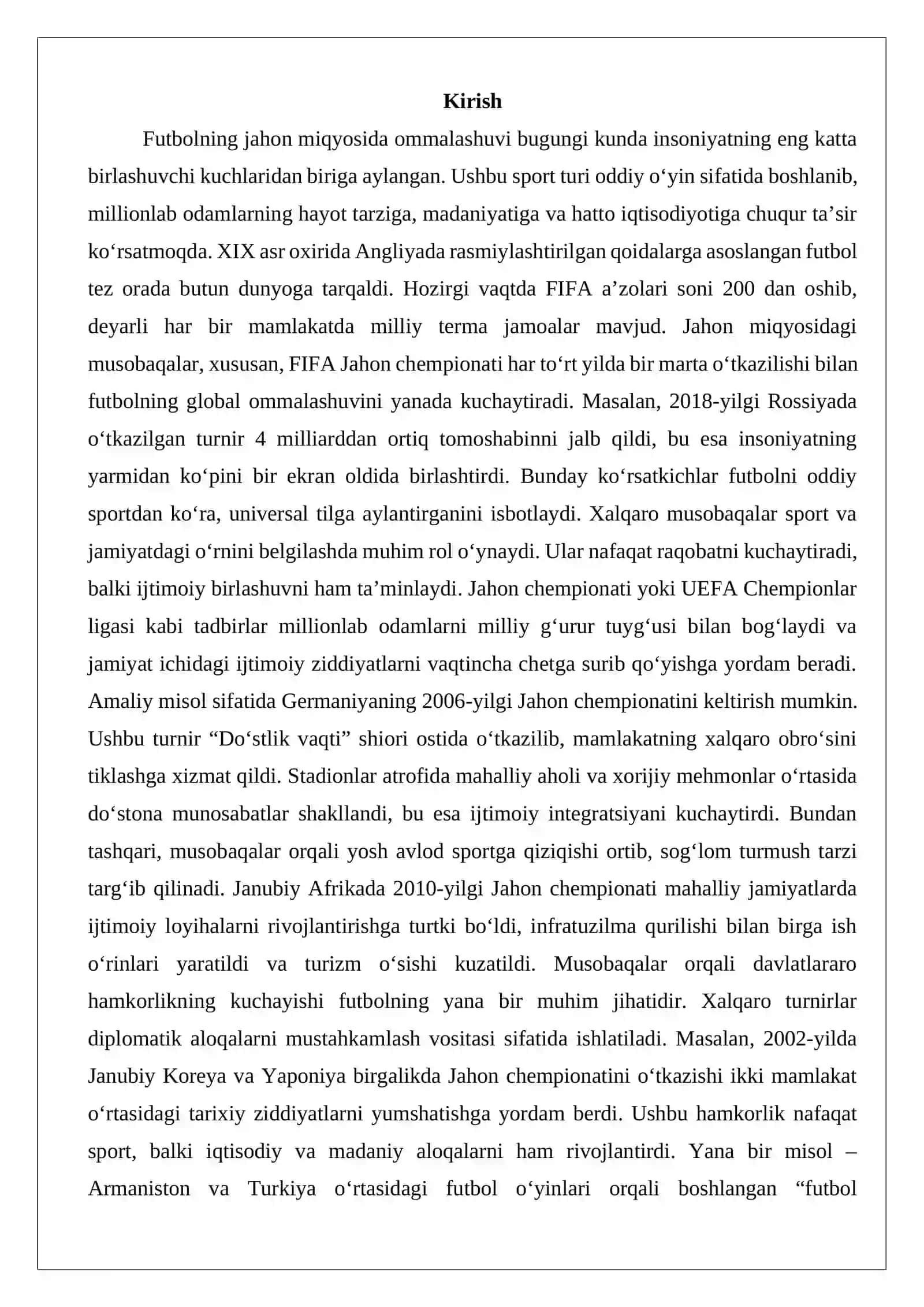 Futbol bo‘yicha jahon miqyosidagi musobaqalar o‘tkazilishi 2