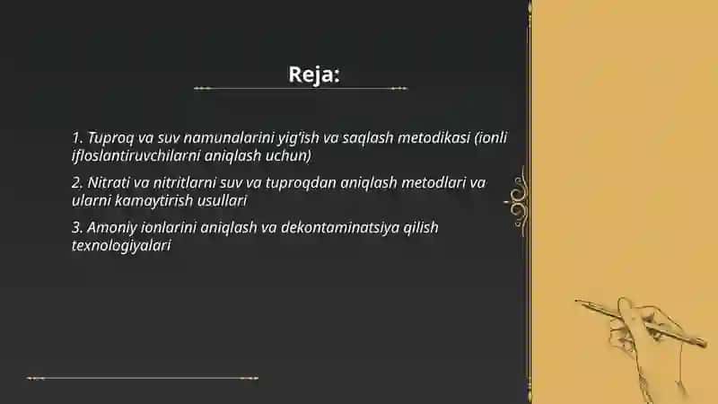 Tuproq va suv namunalarini yig‘ish va saqlash metodikasi (ionli ifloslantiruvchilarni aniqlash uchun) 2