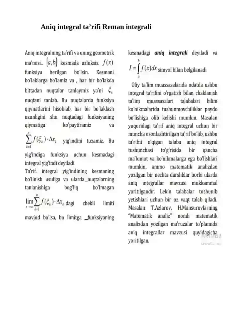 Aniq integralni ta’rif orqali hisoblash 2