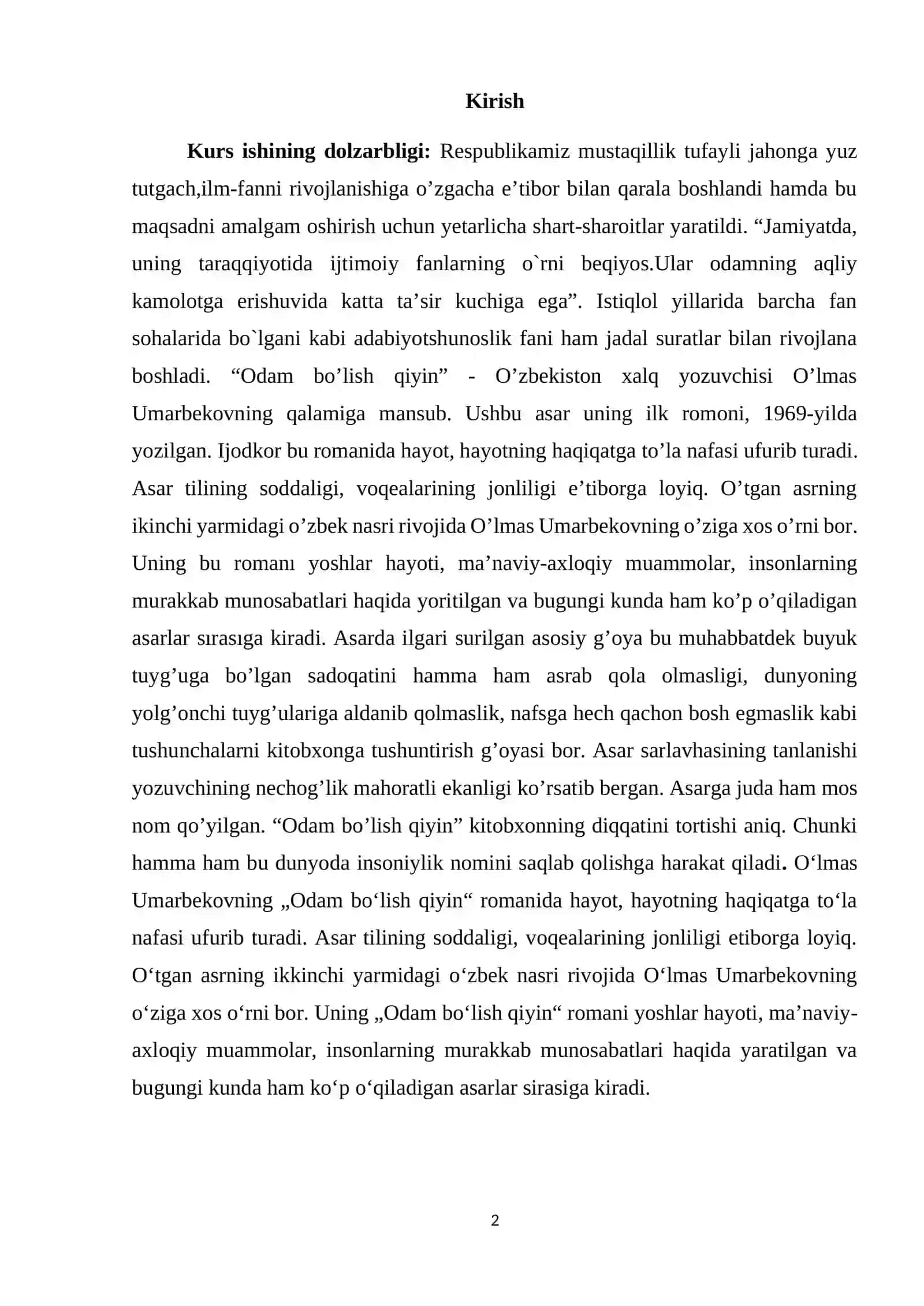 O'lmas Umarbekovning"Odam bo'lish qiyin" asari 2