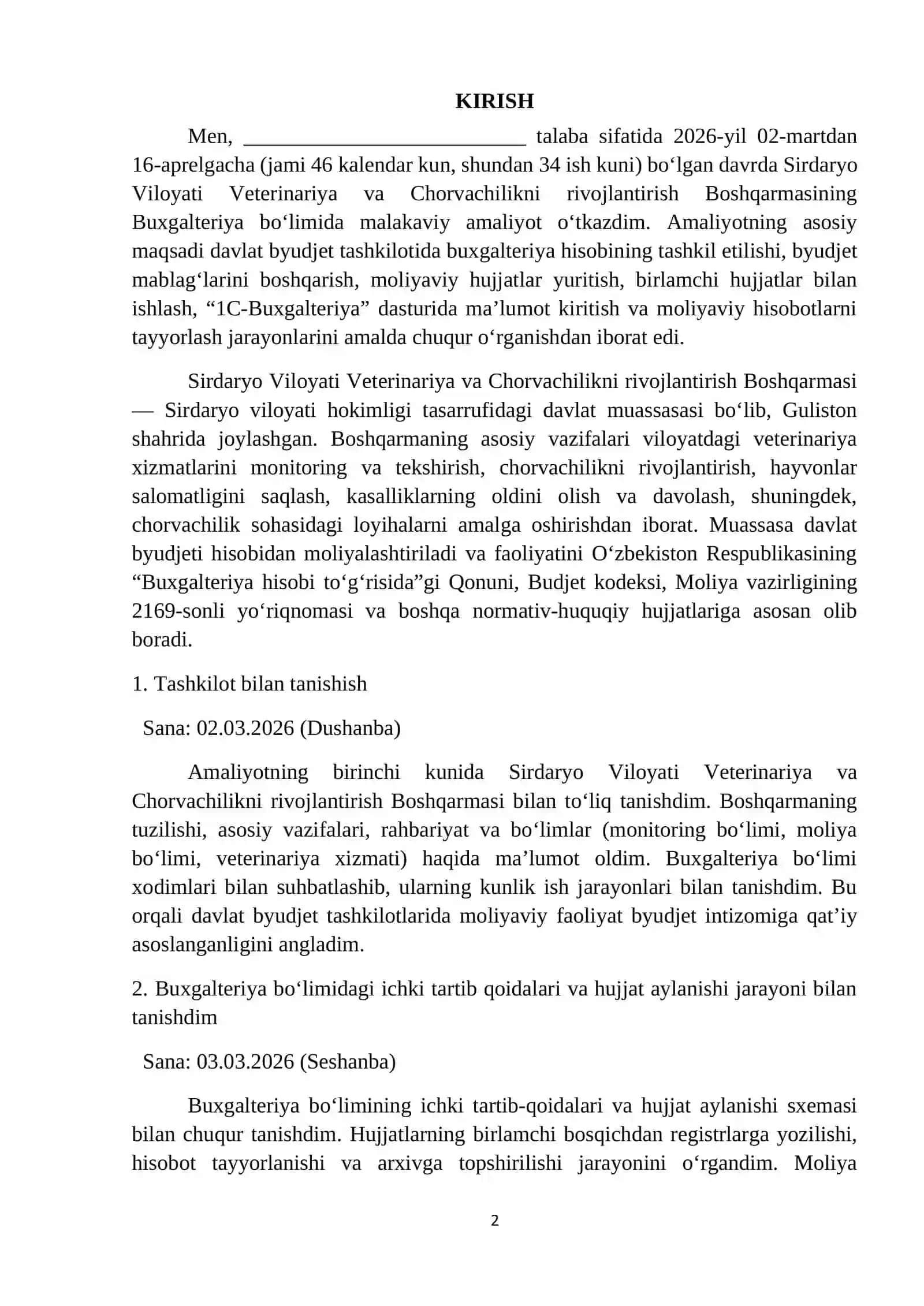 MALAKAVIY AMALIYOTI HISOBOTI. Veterinariya va Chorvachilikni rivojlantirish Boshqarmasi 2