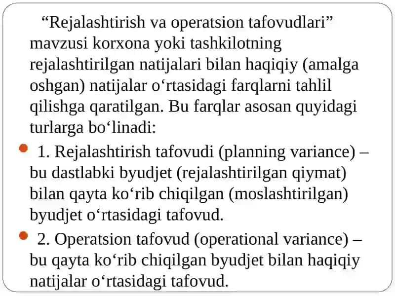Rejalashtirish va operatsion tafovudlari 2