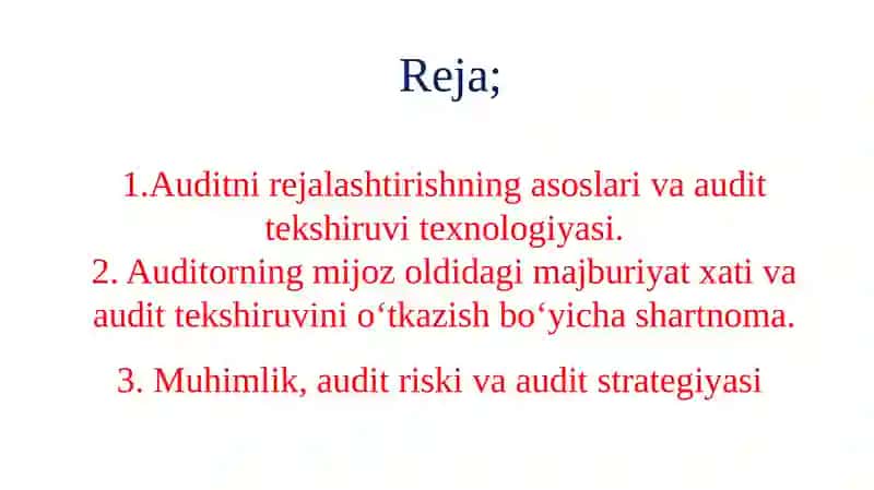 AUDIT TEKSHIRUVINING TASHKILIY ASOSLARI, AUDIT STRATEGIYASI VA TEXNOLOGIYASI 2