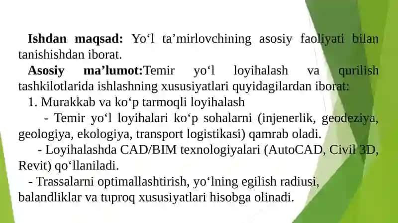 Temir Yoʻl Loyihalash va Qurilish Tashkilotlarida Ishlashning Xususiyatlari 2