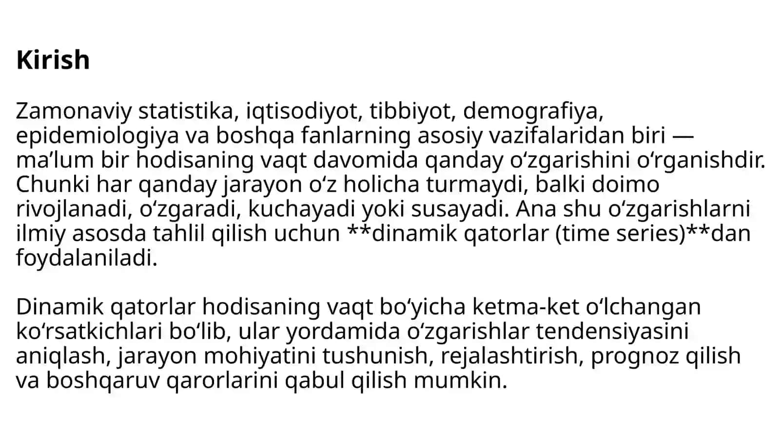 Dinamik qatorlar va ularning o'rganilayotgan xodisalarga baho berishdagi axamiyati 2