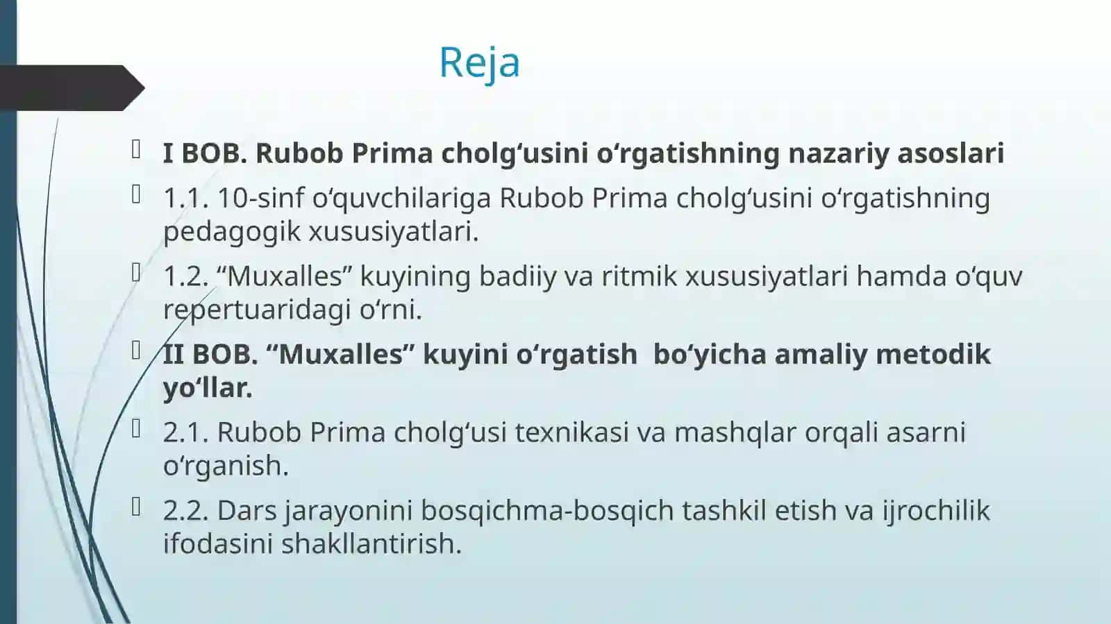Ixtisoslashtirilgan madaniyat maktabi 10-sinf o‘quvchilariga Rubob Prima cholg‘usida Qoraqalpoq xalqi kuyi Muxalles asarini o‘rgatish yo‘llari 2