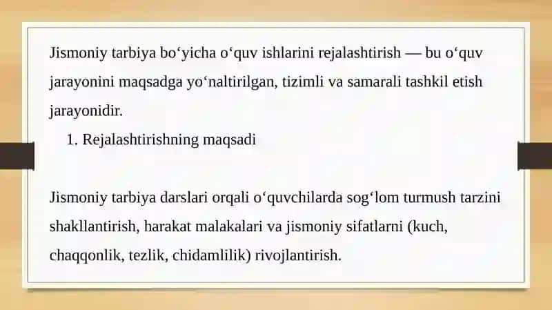Jismoniy tarbiya fani bo`yicha o`quvjarayonini rejalashtirish 2