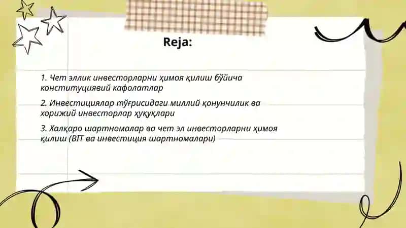 Чет эллик инвесторлар хукукларини химоя килиш максадида ташкил этилган хукукий институтлар 2