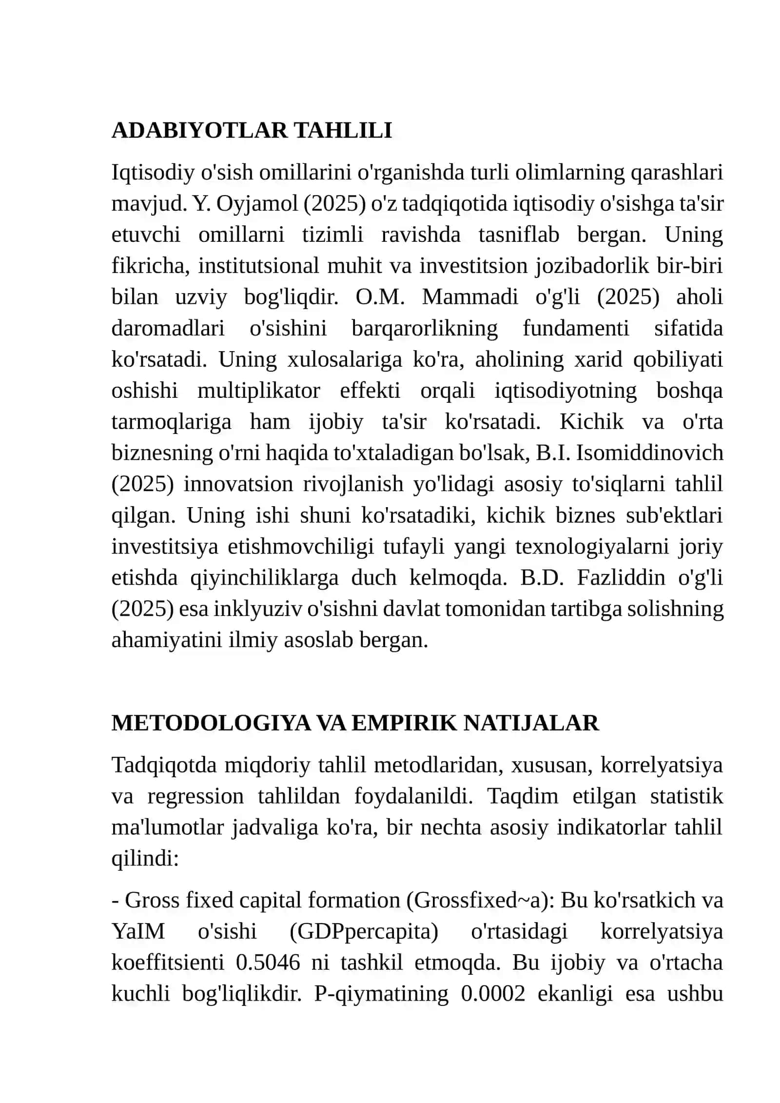 IQTISODIY O‘SISHGA INVESTITSIYA VA DAROMAD OMILLARINING TA’SIRI: RESEARCH SKILLS ASOSIDAGI TAHLILIY TADQIQOT 2