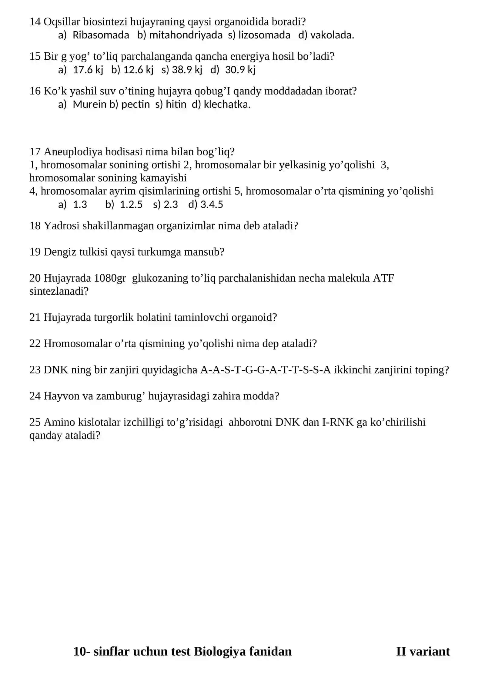10- sinflar uchun test Biologiya fanidan I- variant 2