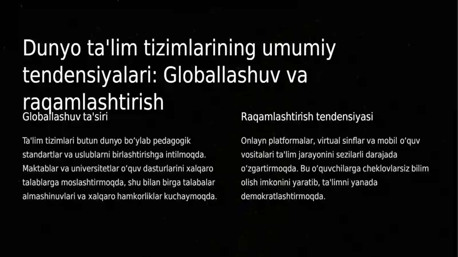 A13   Boshlangʻich ta'limda tarbiya jarayoning zamonaviy    A14   Hozirgi davrda jahon mamlakatlari boshlang‘ich ta’lim tizimi va pedagogika fani rivoji.   A15  Boʻlajak boshlang'ich sinf o'qituvchilarining xalqaro ta'lim dasturlari bo'yicha ko'nikmasini tarkib toptirish   A16  Boshlang'ich sinf oʻquvchilarinig rivojlanishini ta'minlash metodikasi Boshlang'ich sinf oʻquvchilarini jismoniy riv  Hozirgi davrda jahon mamlakatlari ta’lim tizimi va pedagogika fani rivoji. 2