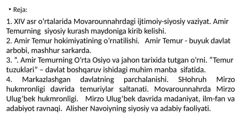 Amir Temur va Temuriylar davrida òzbek davlatchiligi. 2