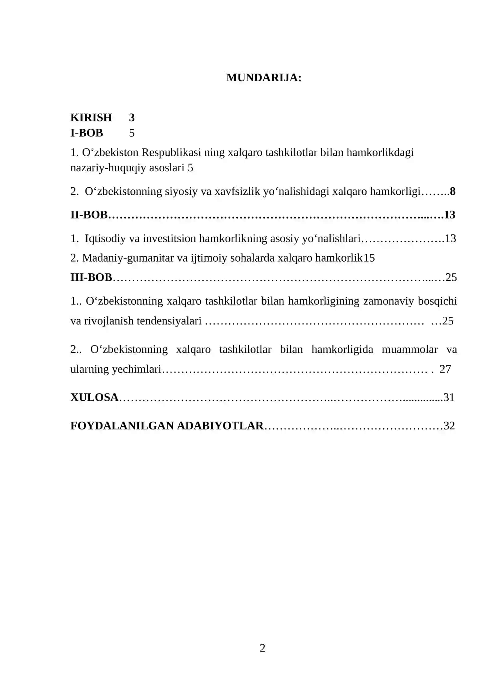 O‘zbekistonning xalqaro tashkilotlar bilan hamkorlik aloqalari 2