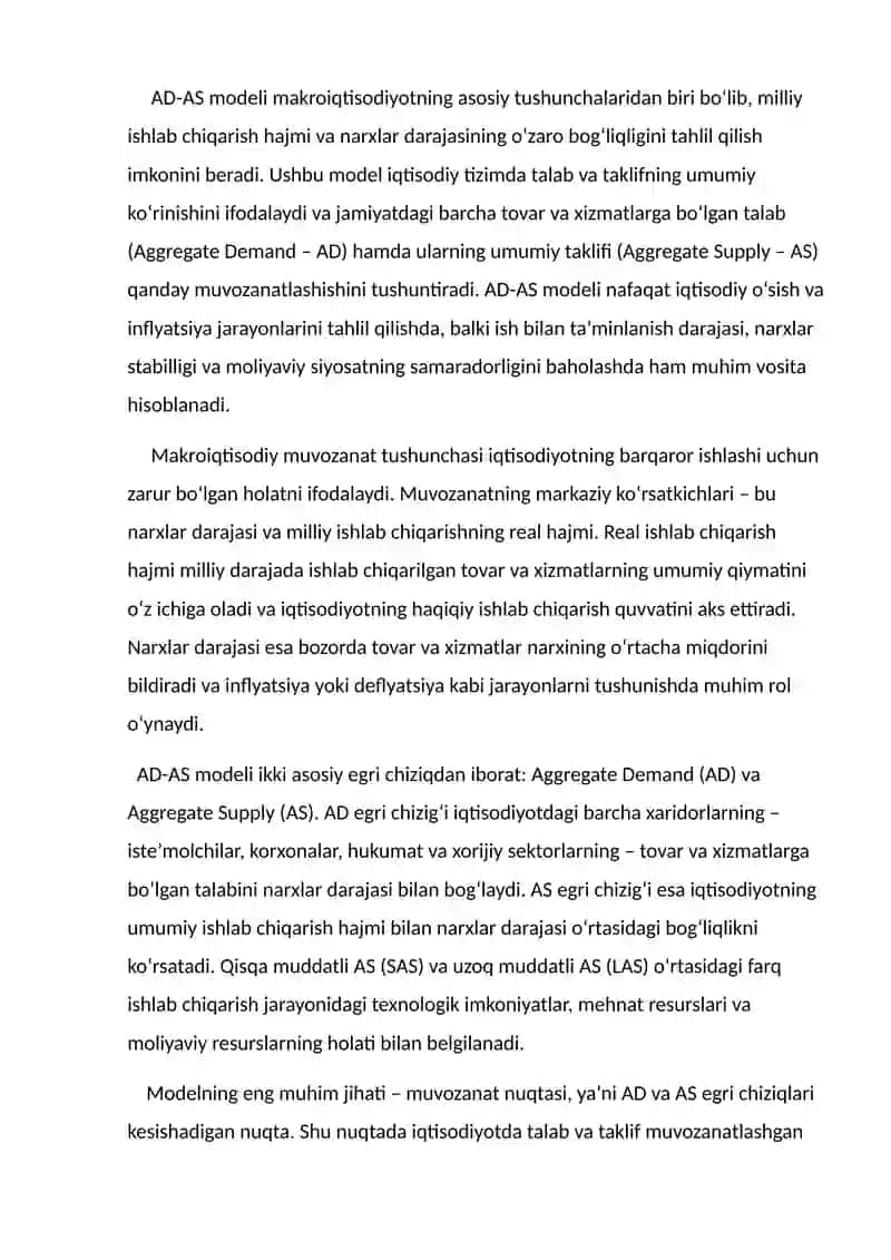 AD-AS modelida narxlar va milliy ishlab chiqarish real hajmining muvozanatli darajalari 2
