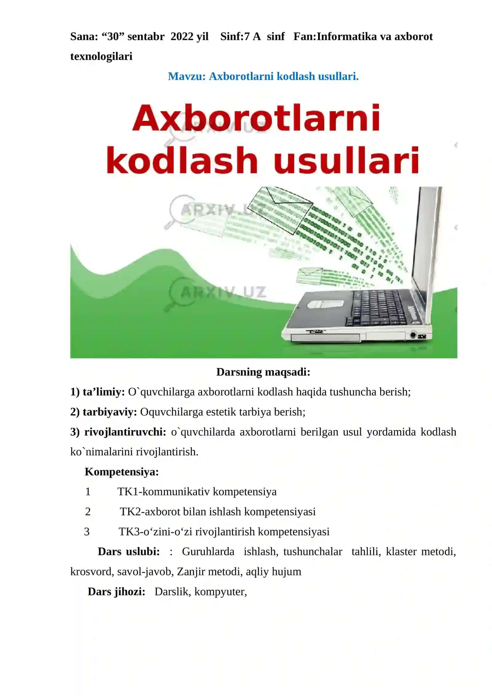 7-sinf Informatika fanidan Axborotlarni kodlash usullari ochiq dars ishlanmasi 2