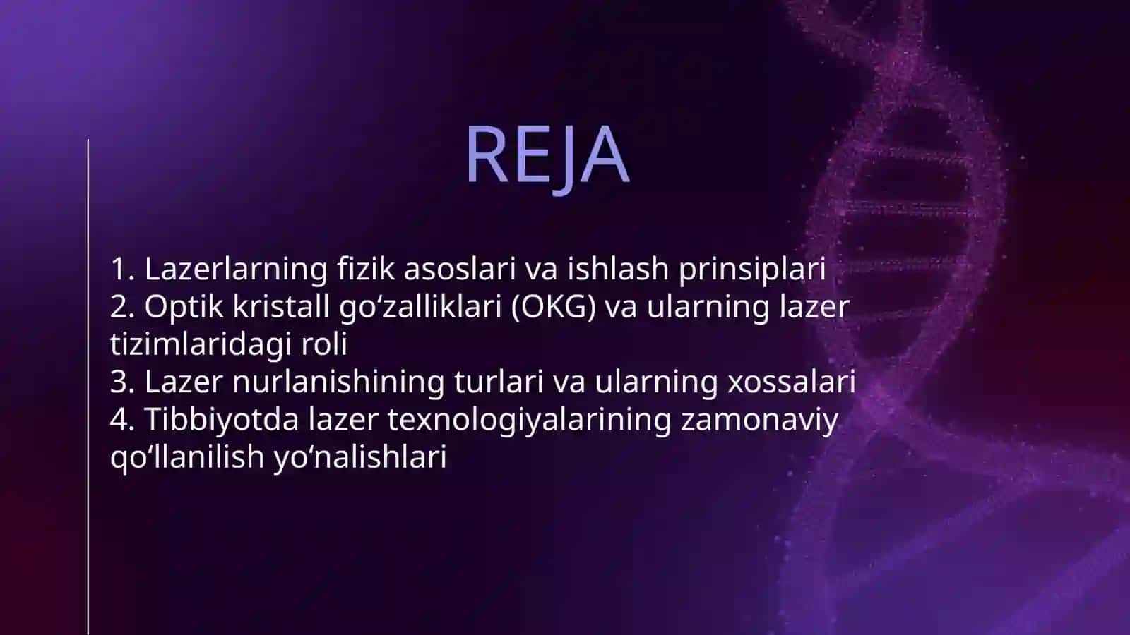 LAZERLAR. OKG VA UNING TURLARI. LAZER NURLANISH HOSSALARI VA TIBBIYOTDA QO’LLANILISH YO’NALISHLARI 2