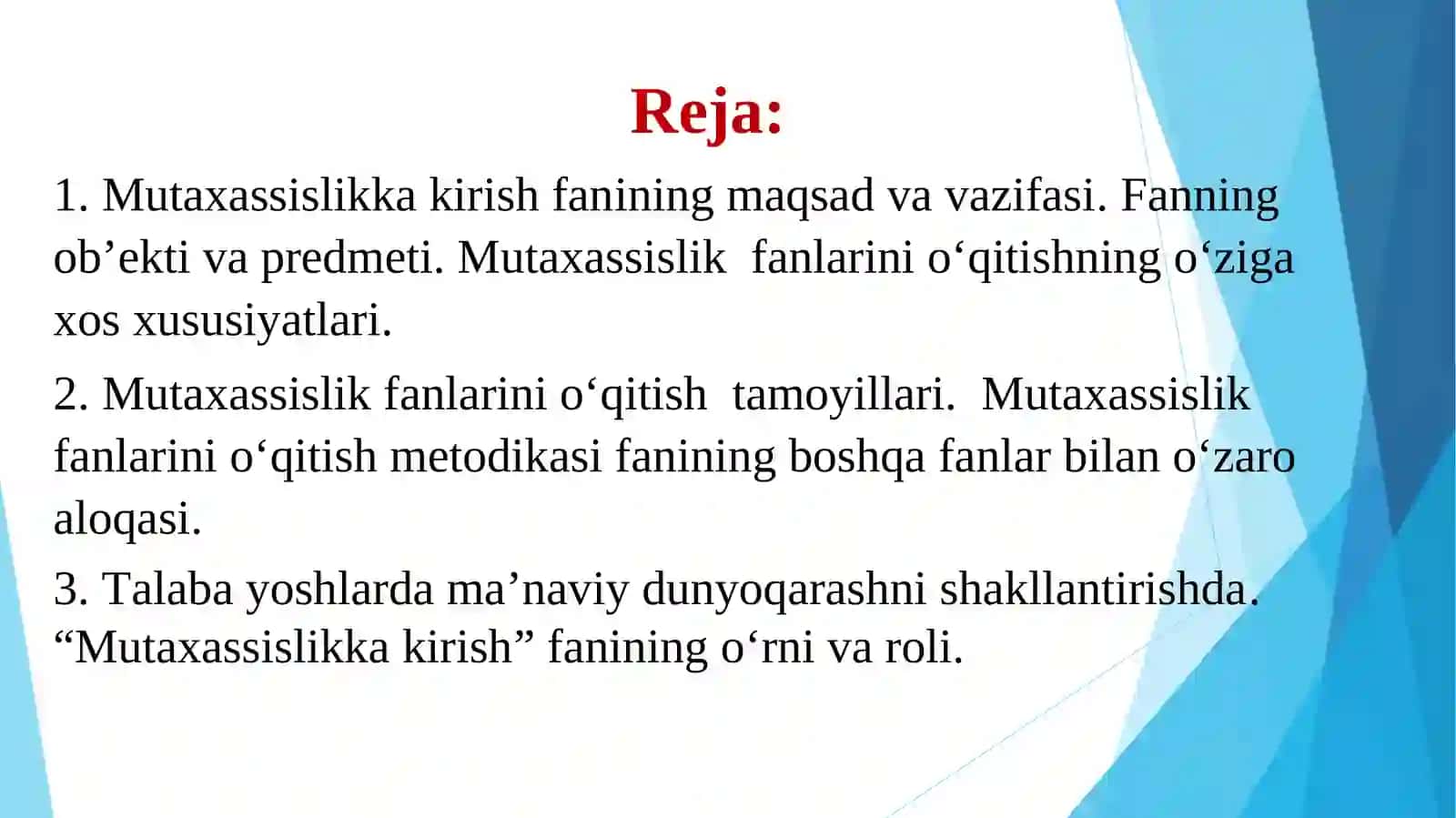 MA’RUZA: Mutaxassislikka kirish fansifatida 2