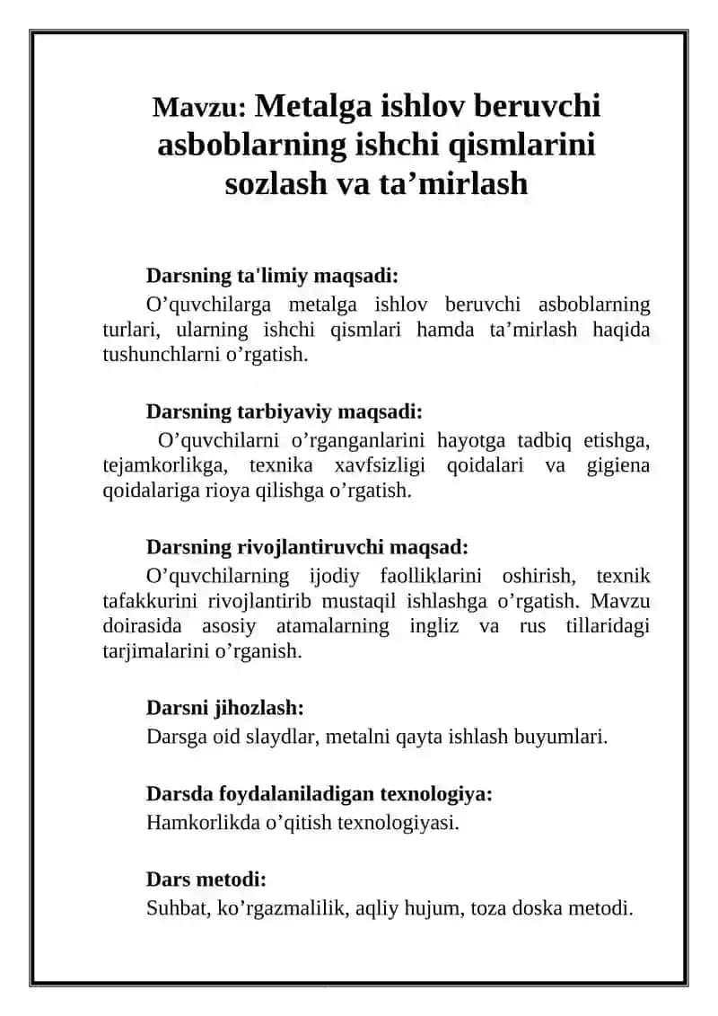 Metalga ishlov beruvchi asboblarning ishchi qismlarini sozlash va ta’mirlash 2