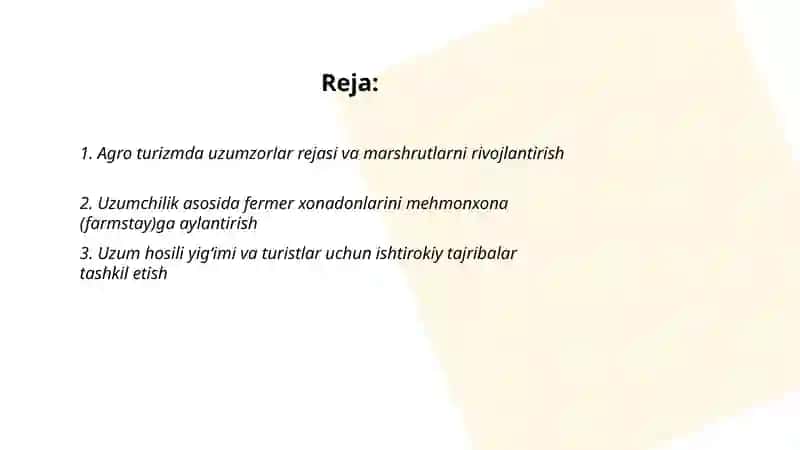 Agro turizm da uzumchilikni rivojlantirish 2