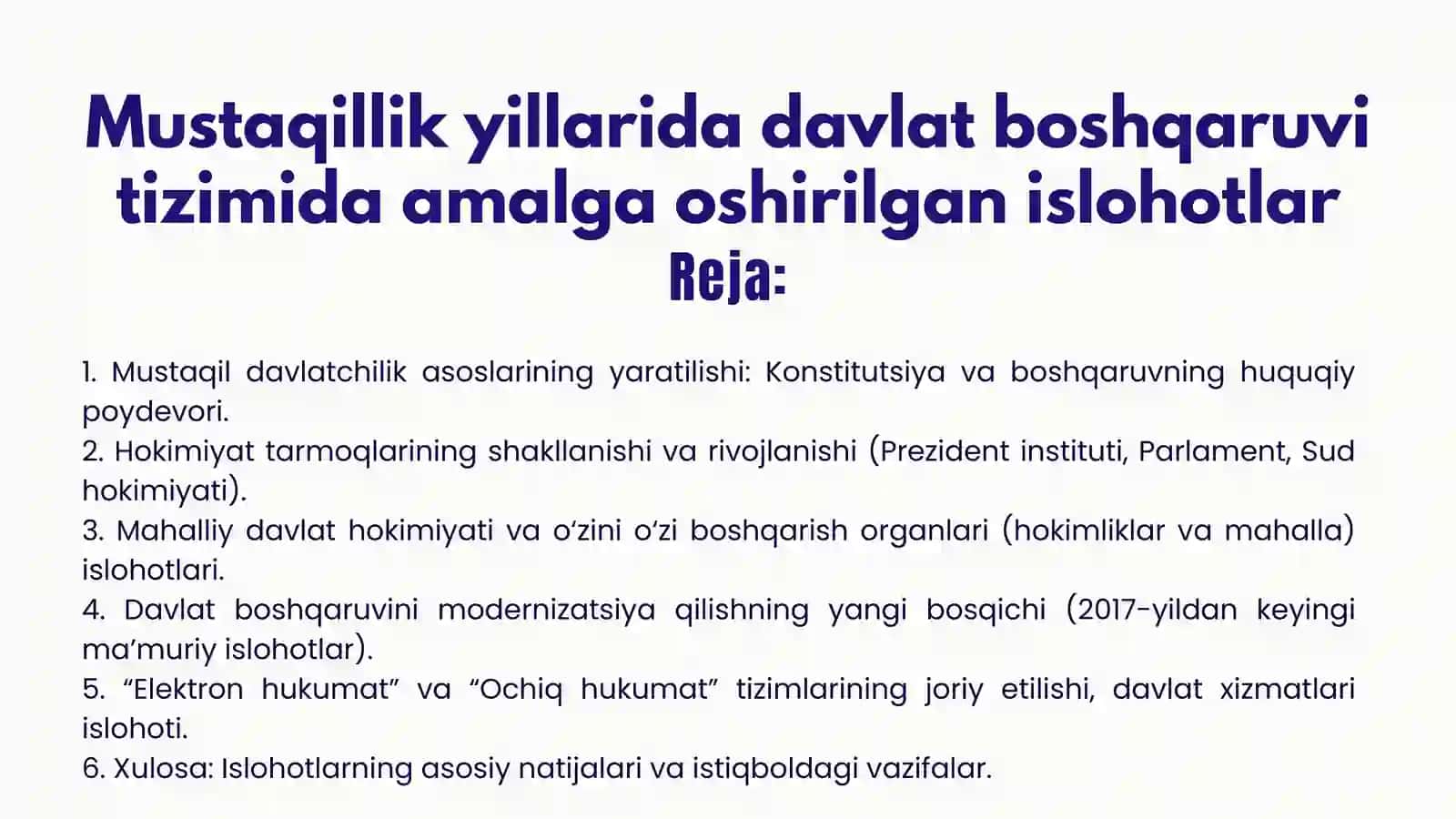Mustaqillik yillarida davlat boshqaruvi tizimida amalga oshirilgan islohotlar 2